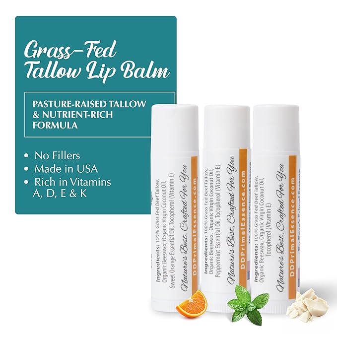 Moisturizing Tallow Lip Balm – Grass-Fed Beef Tallow with Organic Coconut Oil, Beeswax, and Vitamin E – Lip Balm Set – Variety Pack – Travel Essential – 3-Pack-BrightBean Baby