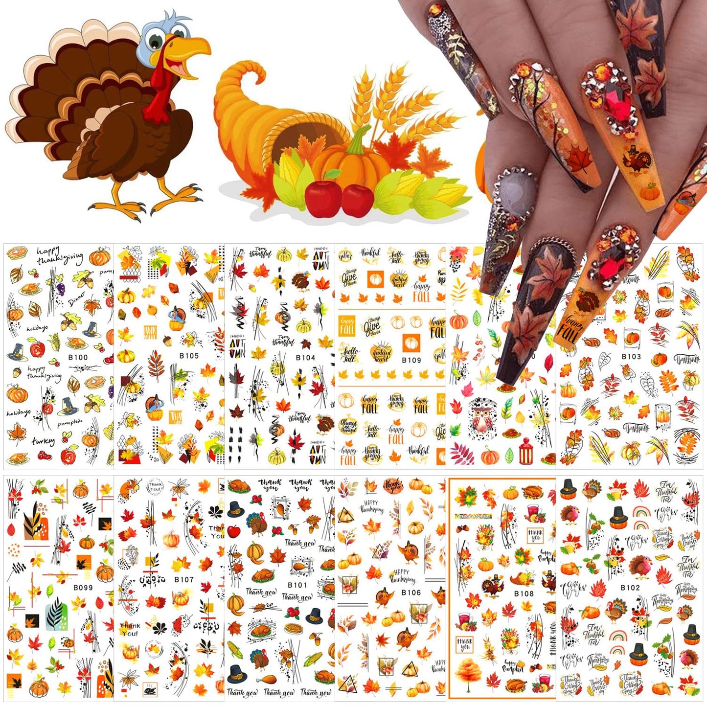 12 Sheets Fall Nail Art Stickers 3D Autumn Leaves Nail Decals Self-Adhesive Thanksgiving Nail Art Accessories Foils Maple Leaf Pumpkin Turkey Nail Designs for Women Girls DIY Manicure Decoration-BrightBean Baby