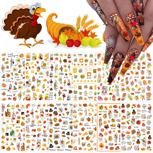 12 Sheets Fall Nail Art Stickers 3D Autumn Leaves Nail Decals Self-Adhesive Thanksgiving Nail Art Accessories Foils Maple Leaf Pumpkin Turkey Nail Designs for Women Girls DIY Manicure Decoration-BrightBean Baby