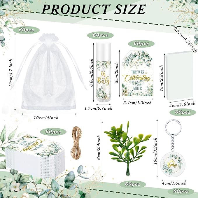 60 Sets 360 Pcs Lip Balm Soap Keychain Favors Eucalyptus Greenery Baby Shower Favors with Organza Bag Gift Card Faux Eucalyptus Greenery for Baby Shower Gift Gender Reveal Guest Prize-BrightBean Baby