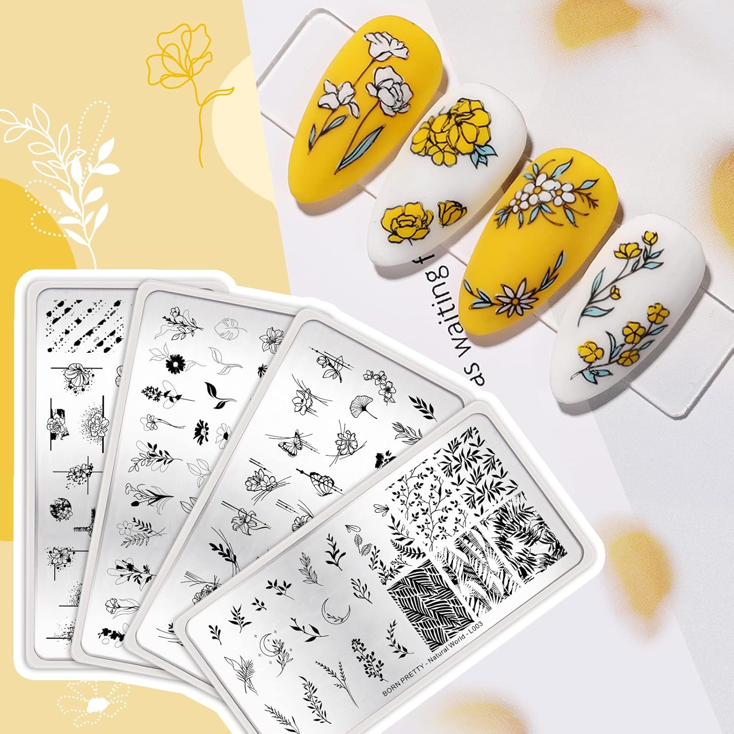 BORN PRETTY Stamping Temeplates Nail Art Stamping Plates Flower Leaves Theme Nail Image Plates Nail Manicuring DIY Printing Tools 4PCS-BrightBean Baby