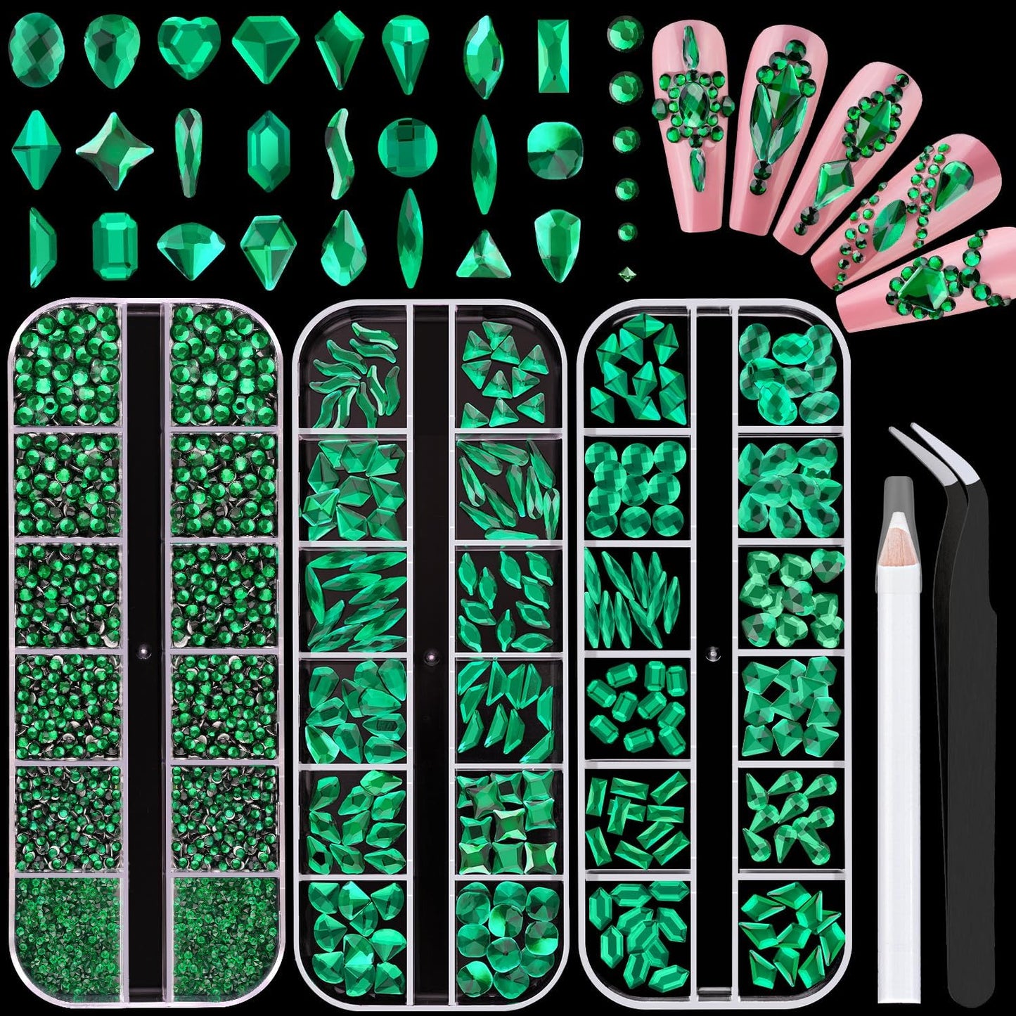2750Pcs Emerald Green Glass Nail Rhinestones 240Pcs Multi Shapes Flatback Nail Gems + 2510Pcs 1.5-4mm Round Crystal, Manicure Nail Charms Diamond Gemstone for Acrylic Nails Decoration-BrightBean Baby