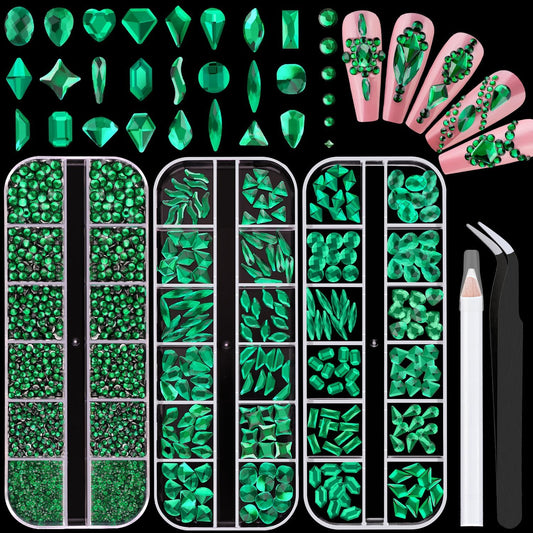 2750Pcs Emerald Green Glass Nail Rhinestones 240Pcs Multi Shapes Flatback Nail Gems + 2510Pcs 1.5-4mm Round Crystal, Manicure Nail Charms Diamond Gemstone for Acrylic Nails Decoration-BrightBean Baby
