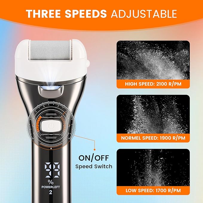 Electric Foot Callus Remover, Rechargeable Portable Electronic Foot File Pedicure Kits, 3 Roller Heads, 3 Speed, Battery Display for Remove Cracked Heels Calluses and Dead Skin-BrightBean Baby