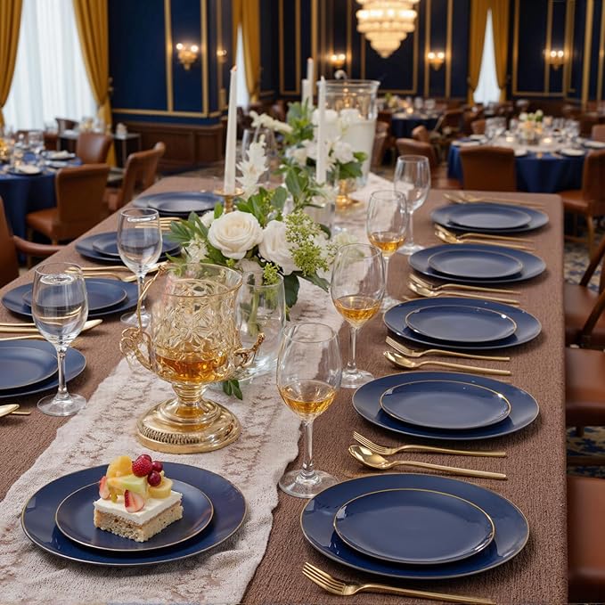 bUCLA 200PCS Blue Plastic Plates - Navy Blue Disposable with Gold Rim Include 100 Each (10 inch Dinner & 7 inch Dessert) Plates, Ideal for Party & Gathering