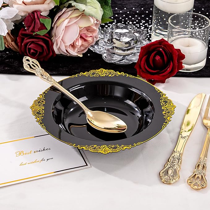 100PCS Black Plastic Bowls - 12 oz Black Gold Disposable Salad Bowls - Heavy Duty Soup Serving Bowl - Fancy Plastic Candy Bowl for Weddings, Parties, Dinners, Catering, Picnics, New Year Party