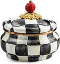 MACKENZIE-CHILDS Enamel Squashed Pot, Cute Enameled Container with Lid, 20 Ounces, Black-and-White Courtly Check