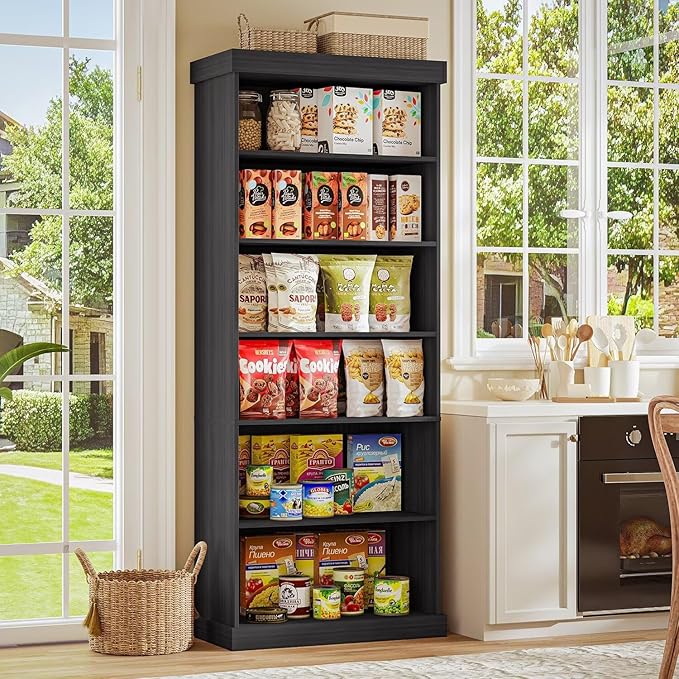 70.8" Tall Farmhouse Bookshelf with Glass Doors, Modular Bookcase with 6-Tier Adjustable Shelves, Large Storage Cabinet for Kitchen, Living Room, Black, Set of 2