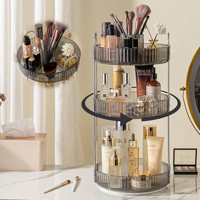Rotating Makeup Organizer for Vanity, High-Capacity Skincare Clear Make Up Storage Perfume Organizers Cosmetic Dresser Organizer Countertop 360 Spinning (Gray, New-3 Tier)-BrightBean Baby