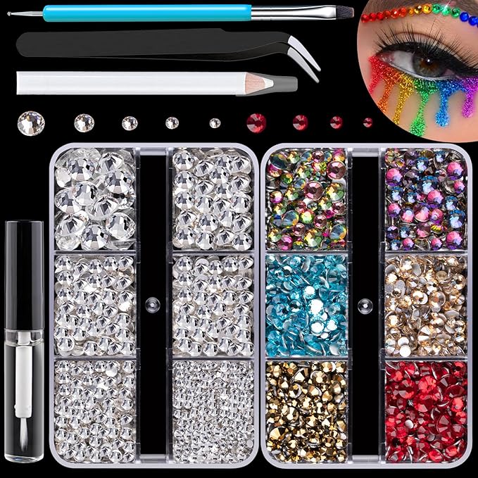 Colorful Face Gems for Makeup Set, Flatback Gorgeous Clear Glass Gem and Mixed-Colored Crystals with Makeup Glue+Picker Pencil+Tweezer+Dual-End Dotting Tool for Eye Body Hair Make-up and Nail Art Deco-BrightBean Baby