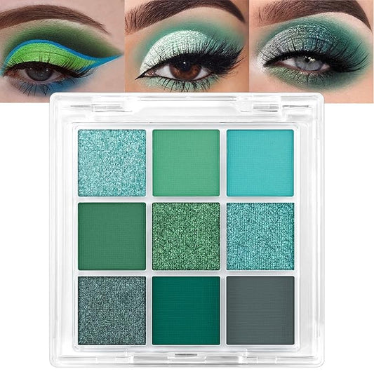Erinde Matte Shimmer Light Deep Green Eye Shadow Palette Makeup Eyeshadow, Long Lasting Waterproof Cruelty-Free, 9 Blendable Shades Smooth Finishes Powder with Gorgeous Pearls for Girls-BrightBean Baby