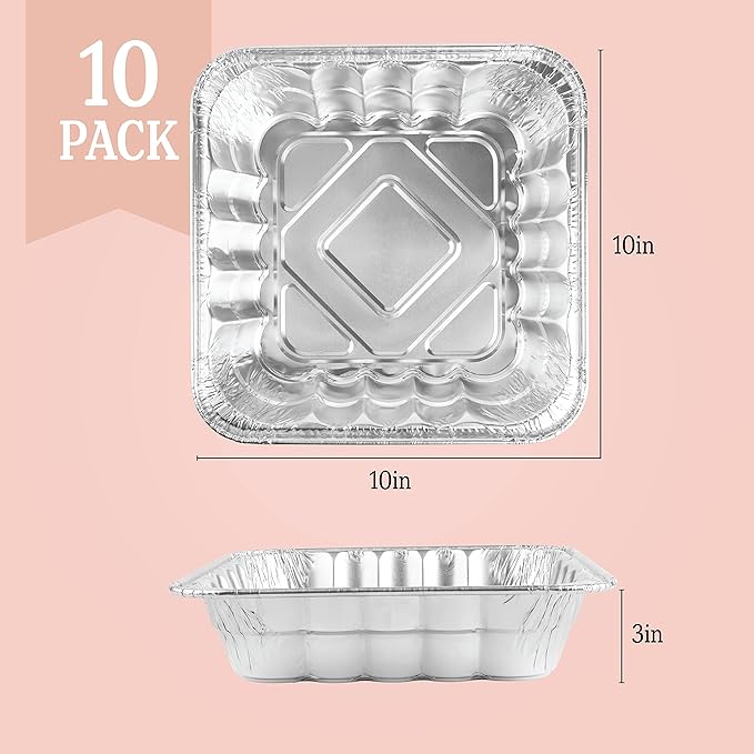 PLASTICPRO Disposable 10'' X 10'' X 3'' Inch Square Aluminum Tin Foil Baking Pans Bakeware - Cookware Perfect for Baking Cakes, Breads, Brownies, Bread, Meatloaf, Lasagna, Pack of 10