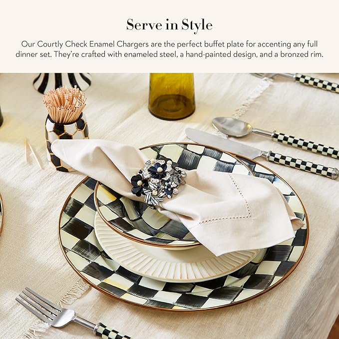 MACKENZIE-CHILDS Enamel Charger Plate, Charger Decoration for Dinner Plates or Home Decor, 12 Inches, Black-and-White Courtly Check, Set of 4