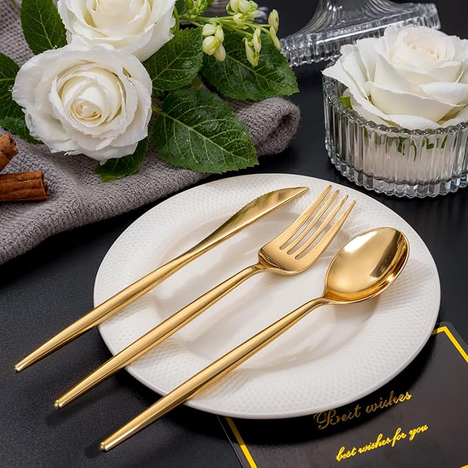 SUT 600 Pcs Gold Plastic Silverware, Gold Disposable Utensils, Heavy Duty Cutlery Set, Disposable Silverware Set Include 200 Forks, 200 Spoons, 200 Knives Heavy Duty Flatware for Party