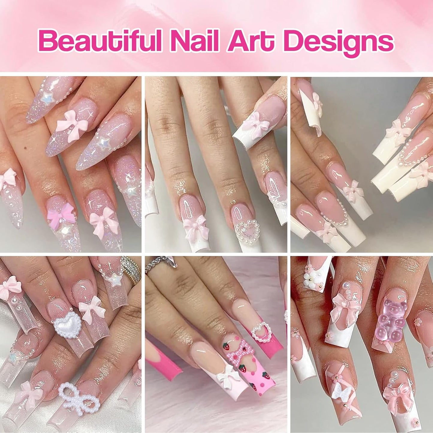 Silver Nail Gems Charms, 3D Pink Color Nail Art Charms, Acrylic Blossom Tiny Flowers Flatback Multi Styles Pearls Nail Charms Planet Heart Butterfly Nail Diamond Charms for Nails Manicure DIY Crafts-BrightBean Baby