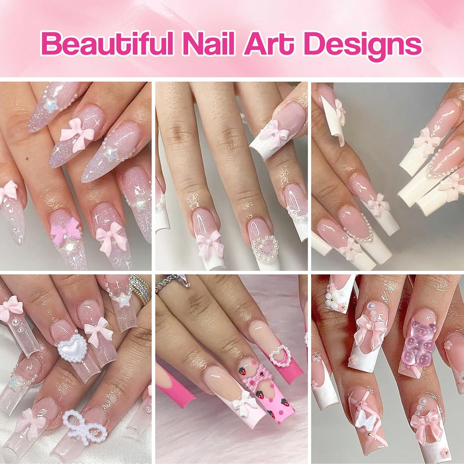 Silver Nail Gems Charms, 3D Pink Color Nail Art Charms, Acrylic Blossom Tiny Flowers Flatback Multi Styles Pearls Nail Charms Planet Heart Butterfly Nail Diamond Charms for Nails Manicure DIY Crafts-BrightBean Baby