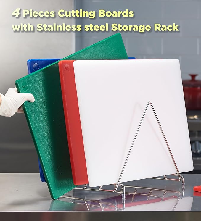 CURTA 4-Piece NSF 20" x 14" x 1/2" Multi-Colored Flexible Cutting Board Kit with Stainless steel Storage Rack, Color Coded Plastic Chopping Board with Anti Slip Surface Dishwasher Safe