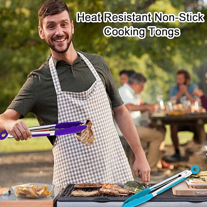 7 Pack Kitchen Tongs,Cooking Tongs with Stainless Steel Silicon Handles and Nylon Tips,7 Inch Stainless Steel Tongs,Heat Resistant Non-Stick BBQ Tongs with Locking, for Cooking Grilling Salad
