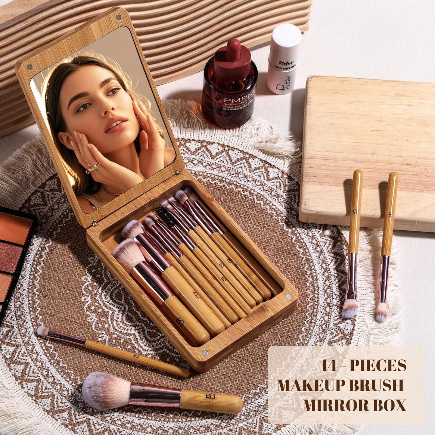 BS-MALL Travel Makeup Brush Set Kabuki Brushes Bamboo- Includes Eyeshadow Blush Brush & Foundation Brush For Liquid Makeup - 5X Magnifier Bamboo Mirror Case For Travel or On the Car Daily Use-BrightBean Baby
