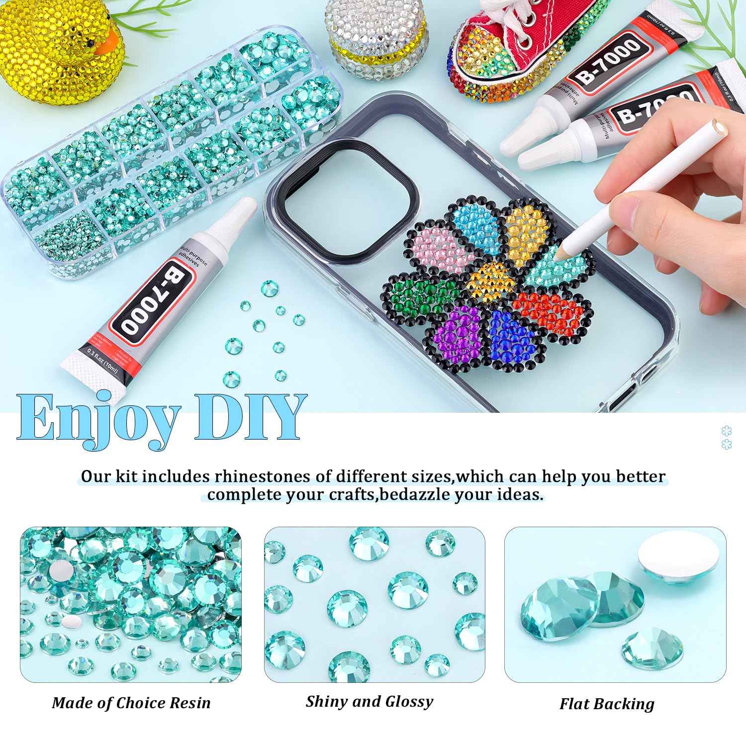 6000Pcs Resin Rhinestones for Bedazzling with 3Pcs B7000 Jewelry Glue, 1 Box Aquamarine Flatback Rhinestones for Crafting Crafts DIY, Crystals Gems for Clothing Shoes Tumblers Nail Art Makeup-BrightBean Baby