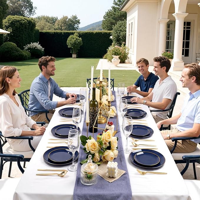 bUCLA 100PCS Blue Plastic Plates - Navy Blue Disposable with Gold Rim, Include 50 Each (10 inch Dinner & 7 inch Dessert) Plates, Ideal for Party