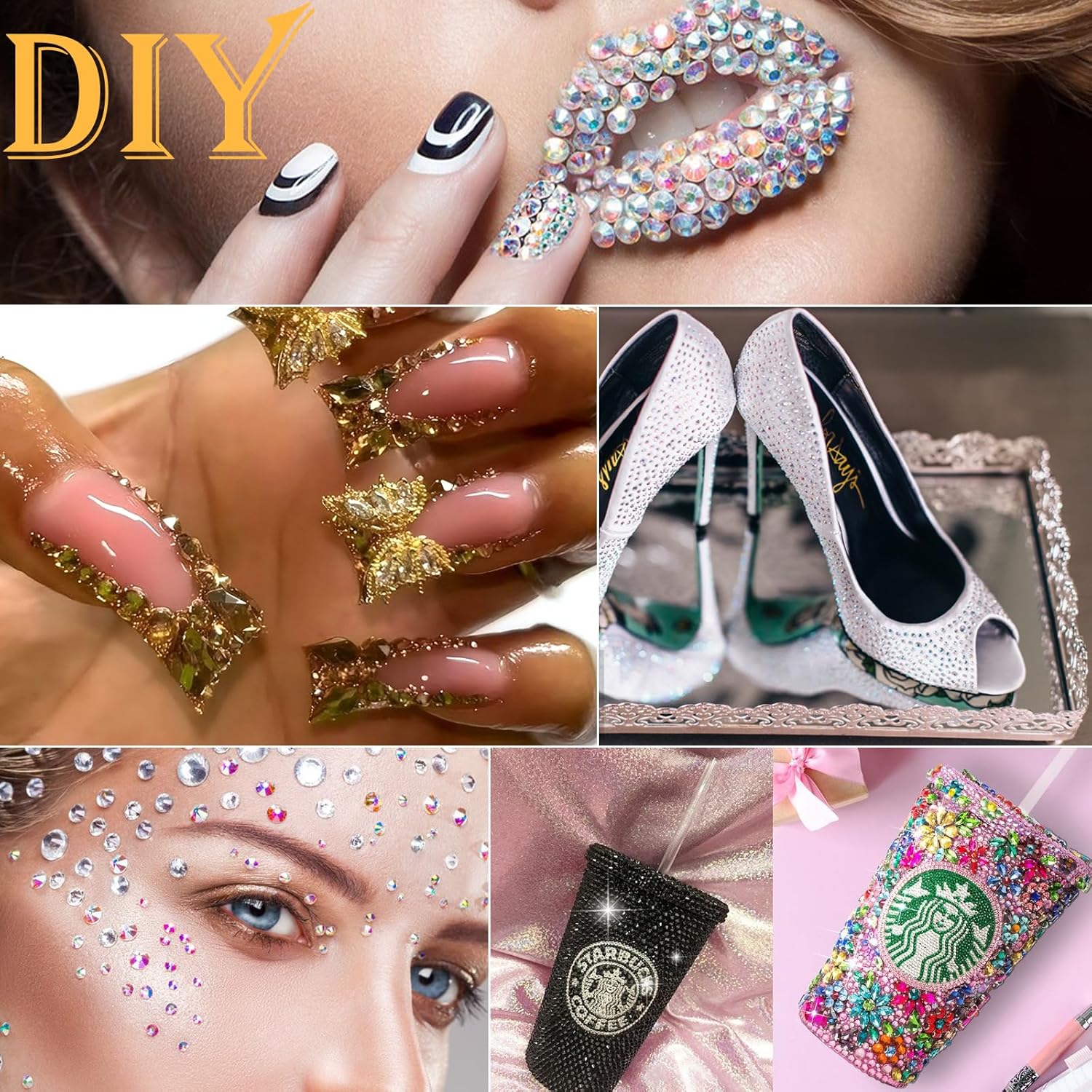 Canvalite 2784Pcs Gold Rhinestones Flatback Gems, Nail Rhinestones Nail Art Gems with Jewelry Glues, Pick Up Tweezers and Rhinestone Picker Dotting Pen, Nail Art Tools for Nails, Clothes, Face, Craft-BrightBean Baby