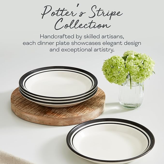 Portmeirion Potter's Striped Dinner Plate (Set of 4) - 8-Inch Stackable Earthenware Plates - Microwave & Dishwasher Safe, Handcrafted Dinnerware for Casual & Formal Table Settings (Black Stripe)