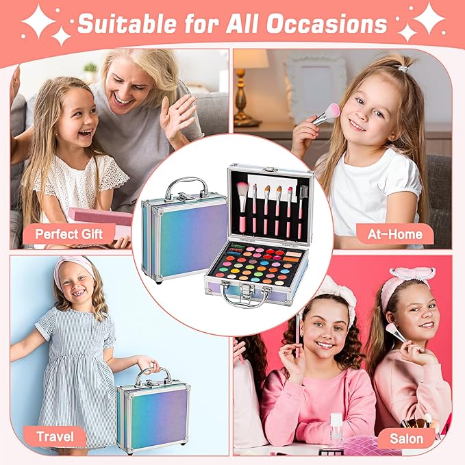 Anpro All-In-One Makeup Carry Case with Pro Teen Makeup Set, Full Starter Cosmetics Kit with Makeup Brushes, Eye Shadows Palette, Blushes, Glitter Gel, Temporary Tattoo Stickers - Blue-BrightBean Baby