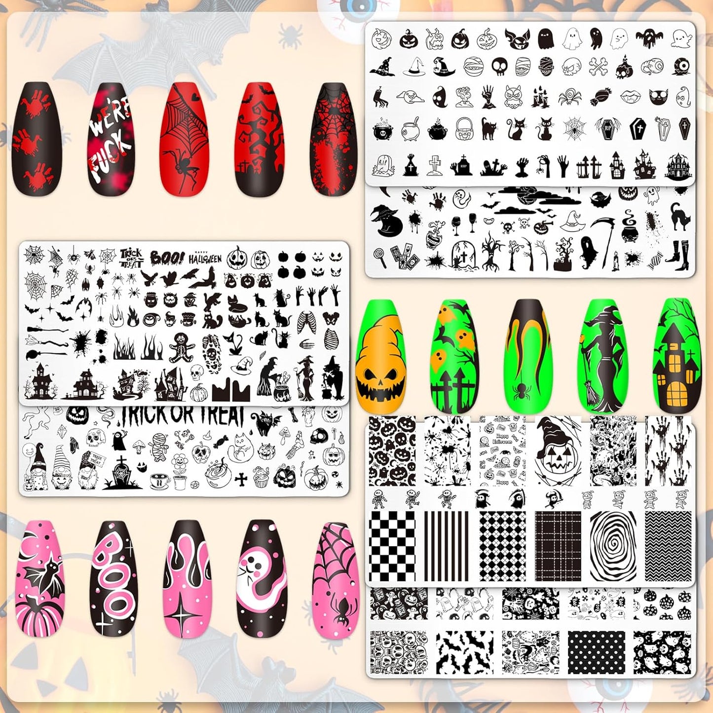 Whaline 6Pcs Halloween Nail Plates Stamping Set Pumpkin Ghost Bat Witch Stamp Templates Nail Art Plates for Trick or Treat Party DIY Print Manicure Salon Design-BrightBean Baby