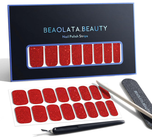 Nail Polish Strips, 32PCS Salon Quality Wraps, Long Lasting Gel Nail Stickers for Women Easy Apply& Remove (Red Velvet Ribbon Glitter)-BrightBean Baby