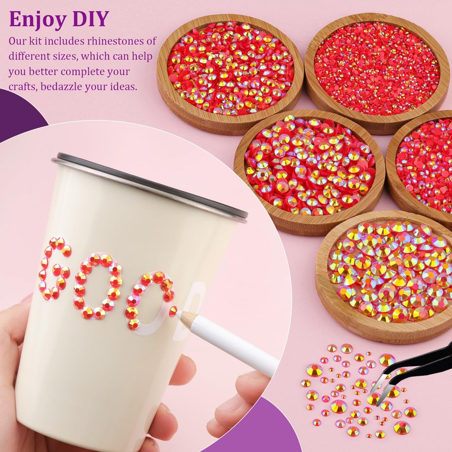 Resin Jelly Rhinestones for Crafting with B7000 Jewelry Glue, 2 Boxes Red AB Flatback Crystals with 3Pcs 10ml Glue, Bedazzling Non Hotfix Gems for DIY Tumblers Clothing Shoes Manicure-BrightBean Baby