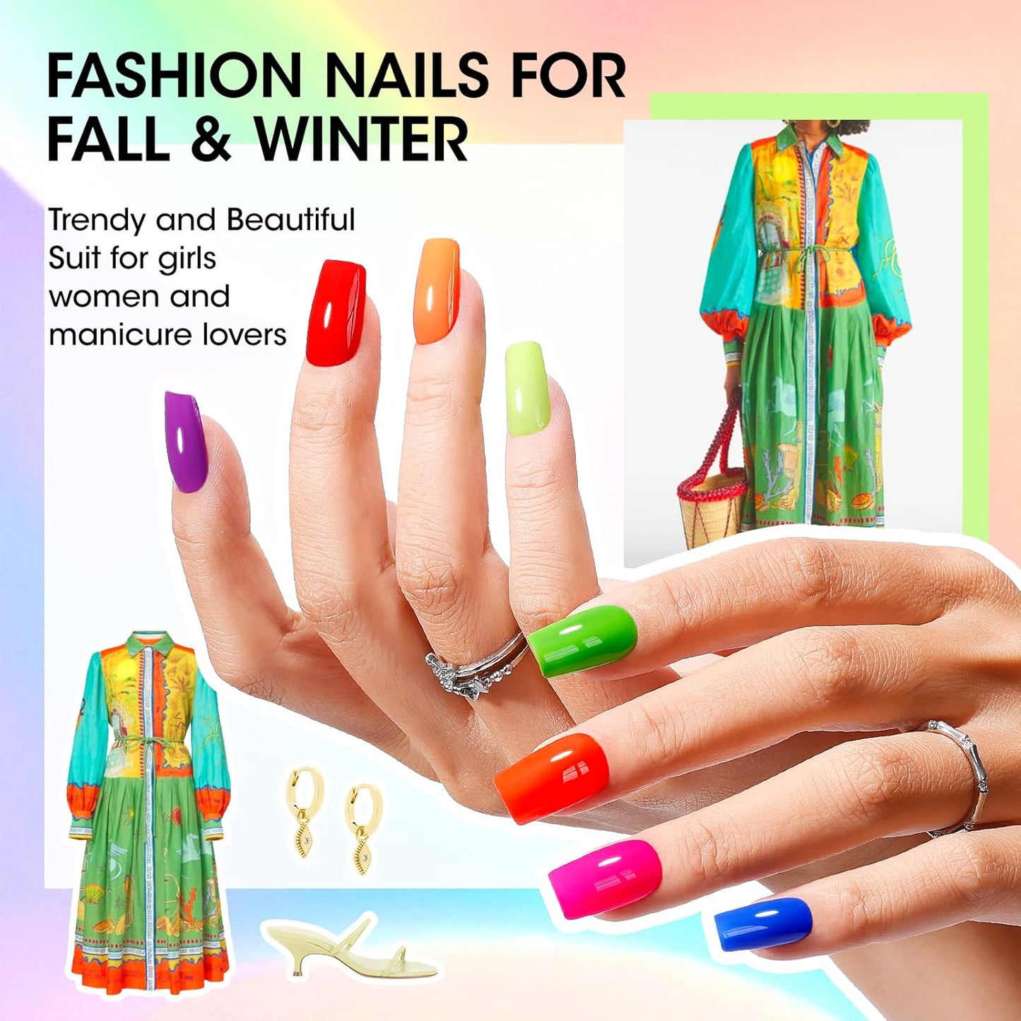 GELLEN Bright Neon Nail Polish Set, Quick Air Dry Regular Nail Polish Vibrant Rainbow 12 Colors Set for Fingernail Toe Nails Salon Home, Hema Free, Non-toxic, Red Pink Blue Green Purple Orange Yellow-BrightBean Baby