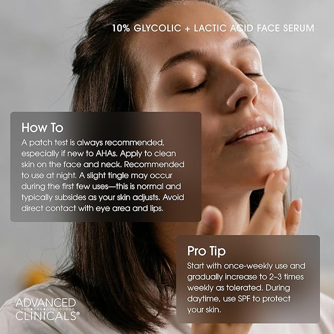 Advanced Clinicals Exfoliating 10% Glycolic Acid Serum For Face + Lactic Acid | Facial Exfoliant AHA + Salicylic Acid Serum To Improve Look Of Large Pores, Uneven Skin Tone, & Dark Spots, 1.75 FL Oz-BrightBean Baby