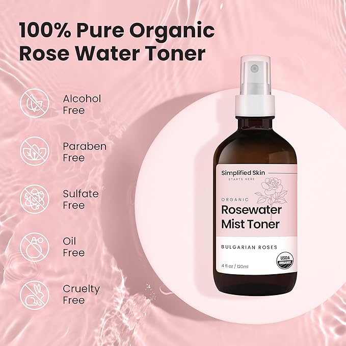 Rose Water Spray for Face & Hair (Refill) - Organic USDA Certified Rosewater Facial Toner - Alcohol-Free Makeup Setting Hydrating Face Mist - Anti-Aging Toner Spray - 8 Fl Oz-BrightBean Baby