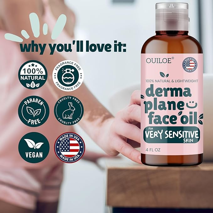 Dermaplane Oil for Women with Very Sensitive Skin - Lightweight Face Shaving Oil, Natural Facial Shave Oil - Use with a Dermaplaning Tool, Razor, Shaver or Microblade for Close Shave 4oz by Ouiloe-BrightBean Baby