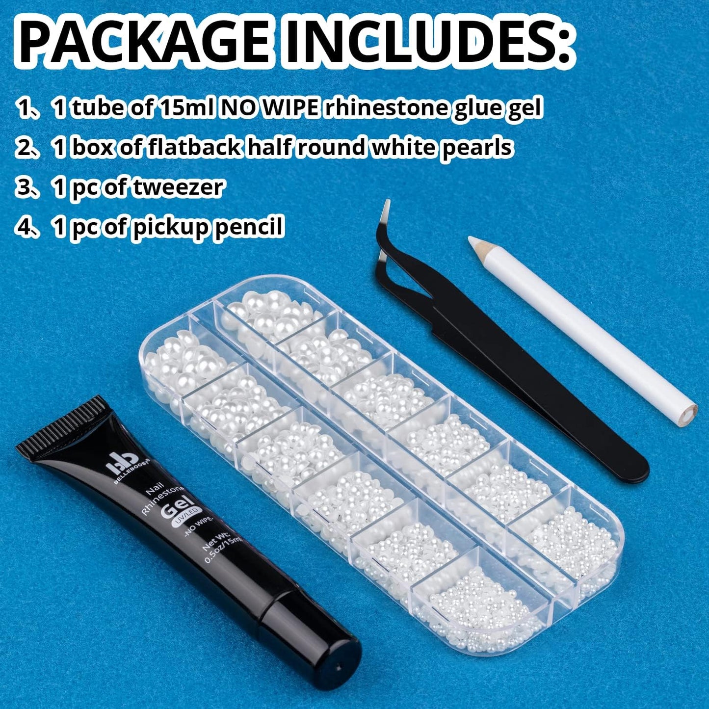 Nail Art Rhinestone Glue Gel&Flatback Gems Accessories Kit, 1 Tube of 15ml Rhinestone Gel Glue(UV/LED Needed)+1 Box of Flat-Back Half Round White Pearls with Pickup Pencil and Tweezer-BrightBean Baby