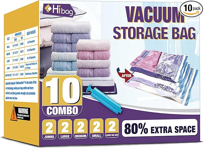 HIBAG Vacuum Storage Bags, 10-Pack Vacuum Seal Bags for Clothing Clothes, Space Saver Bags (2 Jumbo, 2 Large, 2 Medium, 2 Small, 2 Roll-up) with Pump (10-Combo)-BrightBean Baby