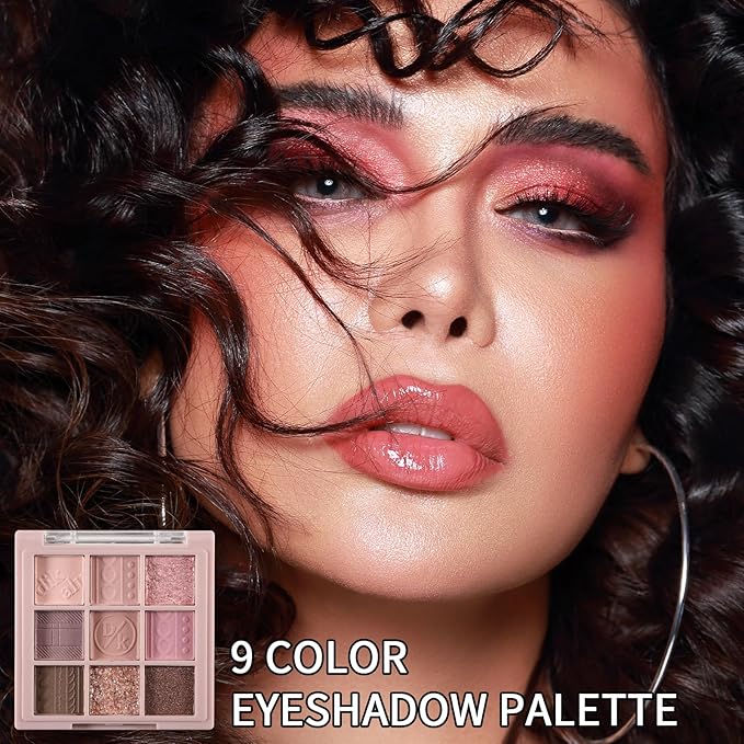 Erinde 9 Colors Eyeshadow Palette, Matte Shimmer Glitter Eye Shadow Makeup Palette, Highly Pigmented Long Lasting Waterproof, Natural Neutral Nude Eyeshadow Makeup Pallet, Pink Purple Rose-BrightBean Baby