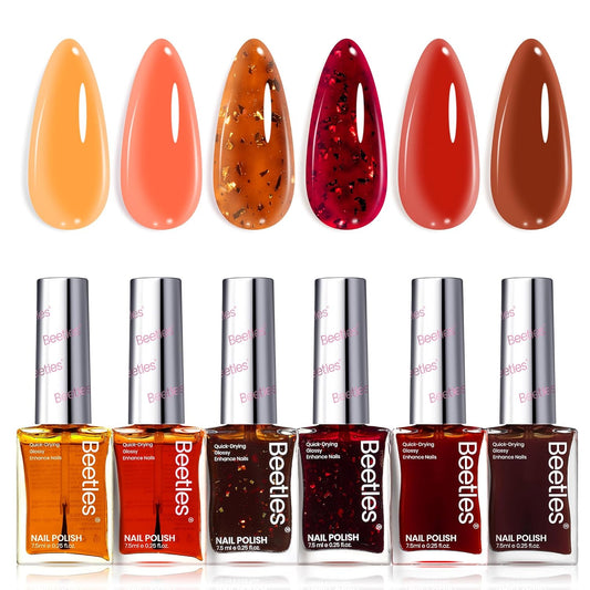 Beetles Fall Nail Polish Set - Golden Harvest 6 Colors Quick Drying Long-Lasting Burgundy Red Orange Jelly Glitter Nail Polish for DIY At-Home Manicure Gift for Women-BrightBean Baby