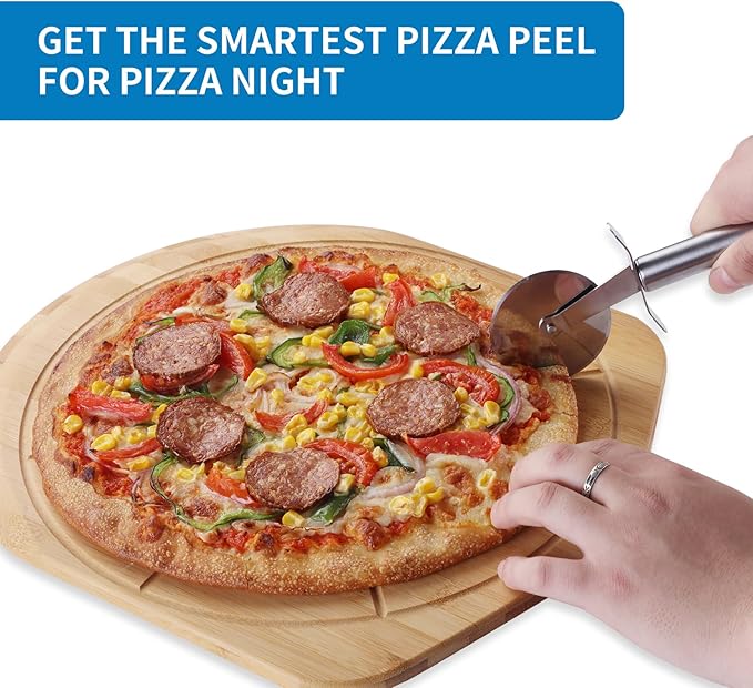 12” Bamboo Pizza Peel - Lightweight Smooth Wooden Pizza Paddle and Pizza Cutting Board with 8 Slice Grooves, Outdoor Pizza Oven Accessories, 17.3 Inch x 12.2 Inch