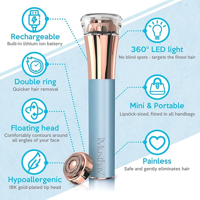 Flawless Facial Hair Remover for Women Painless Electric Razor Epilator Trimmer Shaver with 18K Gold-Plated, 16mm Dual Ring Floating Head, USB Rechargeable, 360° LED for Face Lip Hair Removal-BrightBean Baby