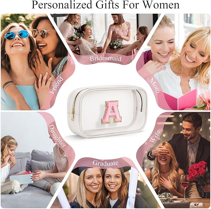 YOOLIFE Initial Make Up Bag Travel Toiletry Bag, Clear Makeup Bag Preppy Cosmetic Bags Organizer Travel Essentials Gifts for Women Teen Girlfriend Teacher Mom Brithday Mothers Day Gifts, Large, White-BrightBean Baby