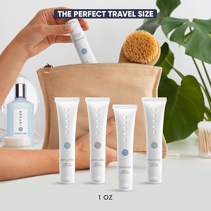 Infuse White Tea & Coconut Hotel Toiletries Bulk Set | 1-Shoppe Amenities Kit | 1oz Shampoo & Conditioner, Body Wash, Lotion | Travel Size | 80 Pieces-BrightBean Baby