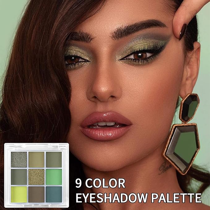 Erinde 9 Colors Eyeshadow Palette, Matte Shimmer Glitter Eye Shadow Palette Makeup, Highly Pigmented Long Lasting Waterproof, Natural Neutral Nude Eyeshadow Make Up Pallet, Yellow Green-BrightBean Baby