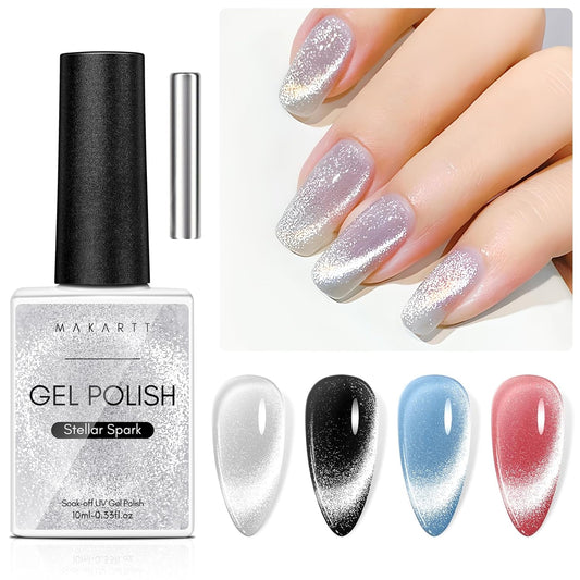 Makartt Universal Silver Cat Eye Gel Polish: Sparkle Glitter Nail Polish Holographic Magnetic Gel with Magnet DIY at Home for Beginner Easy to Use Nail Art Design Manicure 10ml-BrightBean Baby
