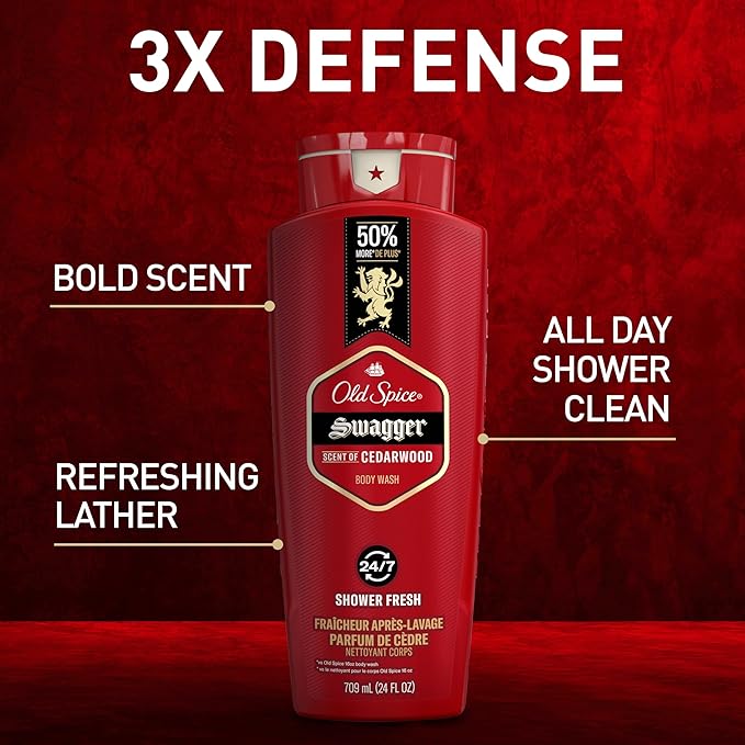 Old Spice Body Wash for Men, 24/7 Shower Fresh with Lasting Scent, Red Collection, Swagger with Cedarwood Scent, 24 fl oz (Pack of 2)-BrightBean Baby