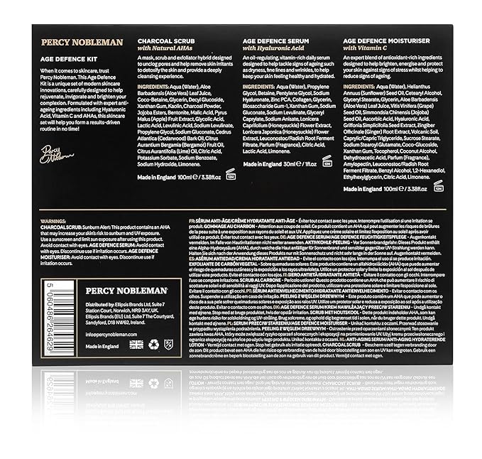Percy Nobleman Age Defence Kit, a men's skincare set containing Charcoal Face Scrub (with Natural AHAs), ultra-hydrating Facial Serum (with Hyaluronic Acid), and Moisturiser (with Vitamin C)-BrightBean Baby