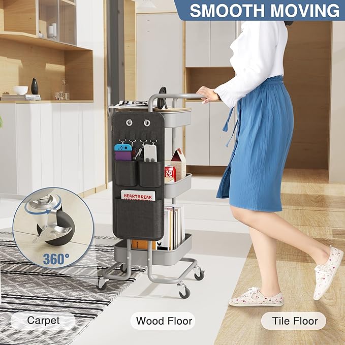 DTK 3 Tier Metal Utility Rolling Cart with Table Top and Side Bags, Tray Storage Organizer Wheels, Art Craft 4 Hooks for Kitchen Bathroom Office Living Room(Grey)-BrightBean Baby