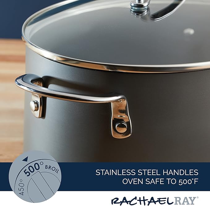 Rachael Ray 80090 Professional Hard Anodized Nonstick Cookware Oval Pasta Pot/Braiser, 8 Quart - Gray