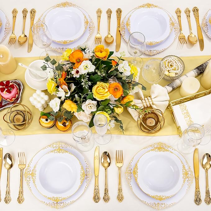 100PCS Gold Plastic Bowls - 12 oz White Disposable Salad Bowls - Heavy Duty Soup Serving Bowl - Fancy Plastic Ice Cream Bowl for Christmas,Thanksgiving Parties, Dinners, Catering, Picnics